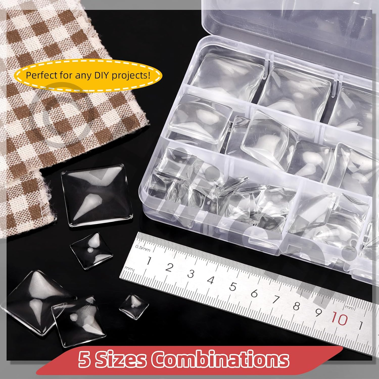 Hilitchi 110PCS 5 Sizes Square Shaped Glass Dome Tiles Assortment Kits 10MM 15MM 20MM 25MM 30MM Transparent Glass Dome Cabochons Flat Glass Bead Cabochon Tile for DIY Jewelry Photo Pendant Making image number 4