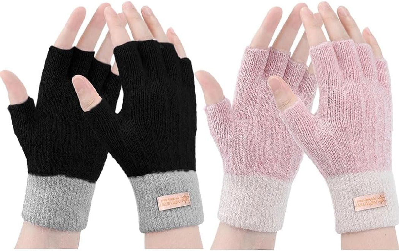 2 Pairs Fingerless Gloves for Women Warm, Winter Thermal Gloves Knitted Soft Half Fingers Mittens for Cold Weather Driving Working Typing
