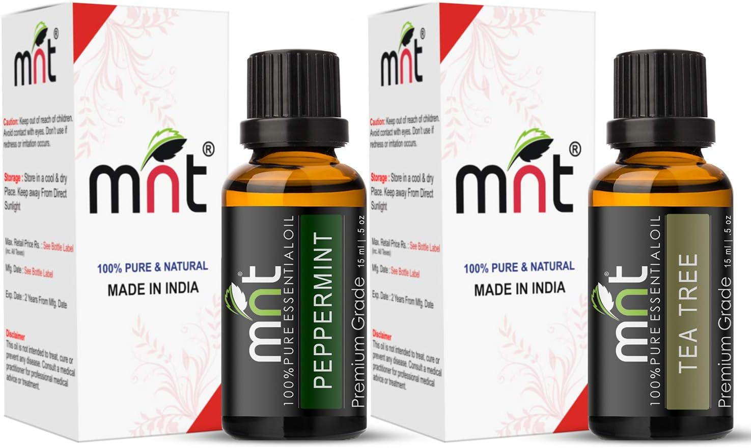 MNT Combo of Peppermint Oil and Tea Tree Oil for Hair Growth, Skin Care (Each 15ML) - 100% Pure Natural Oil