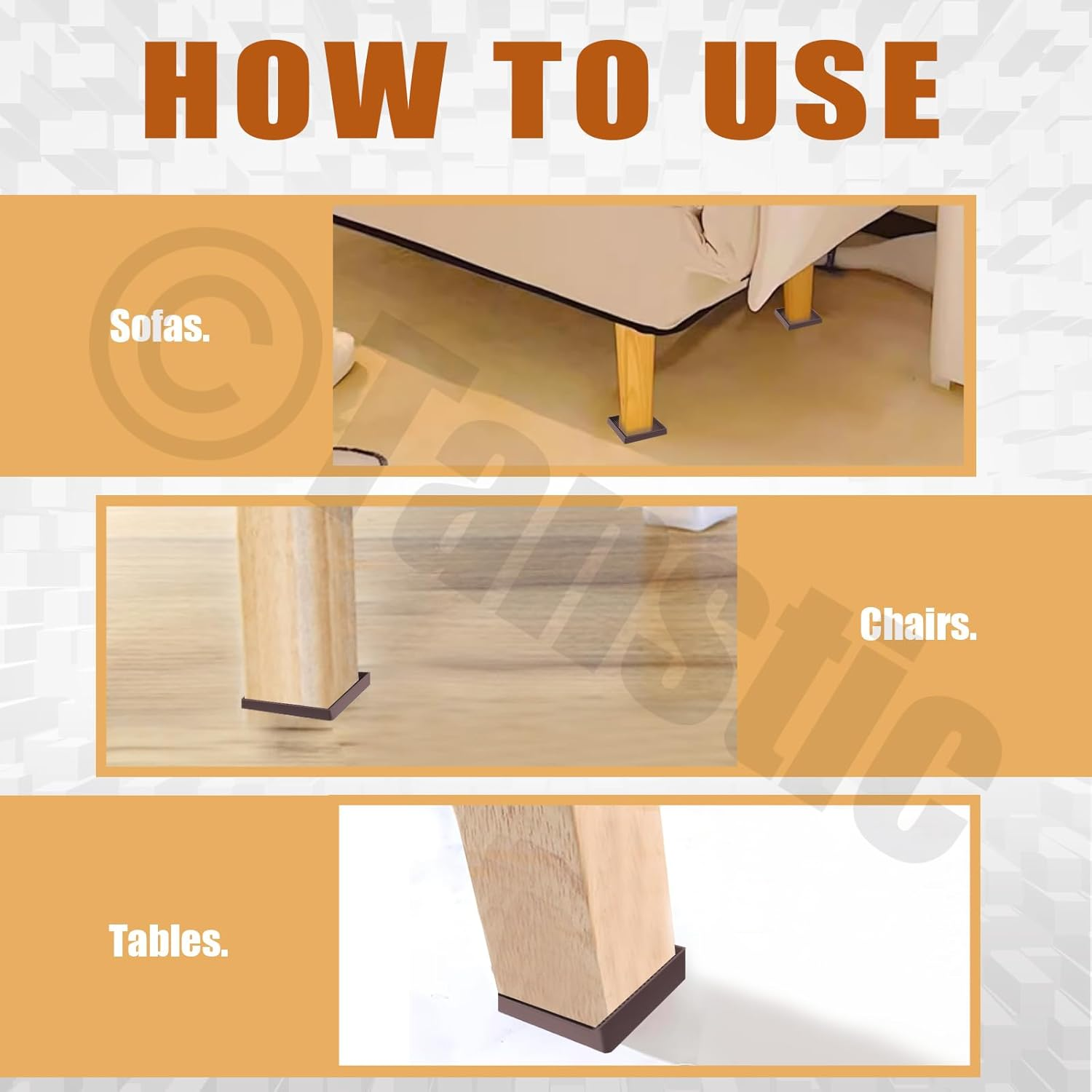 Tanstic 4Pcs 3X3 Square Rubber Furniture Caster Cups with Anti-Sliding Floor Grip Square Rubber anti Skid Caster Cups Non Slip Furniture Pads for Sofa Bed Chair(Brown) image number 4