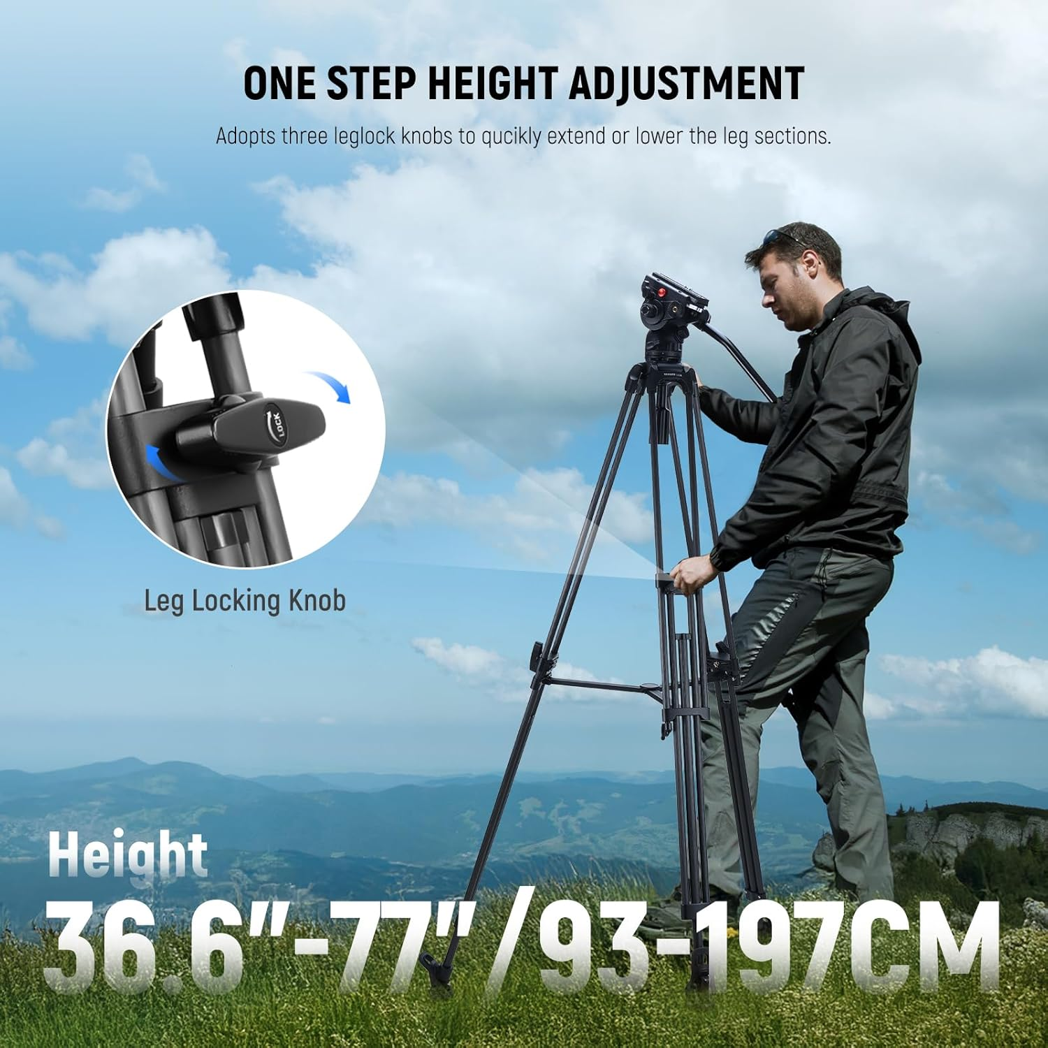 NEEWER LL34 78" Video Camera Tripod One Step Quick Release with Adjustable Damping Fluid Head, Heavy Duty Carbon Fiber Tripod with Dual Mode QR Plate Compatible with Manfrotto DJI RS, Max Load 22Lb