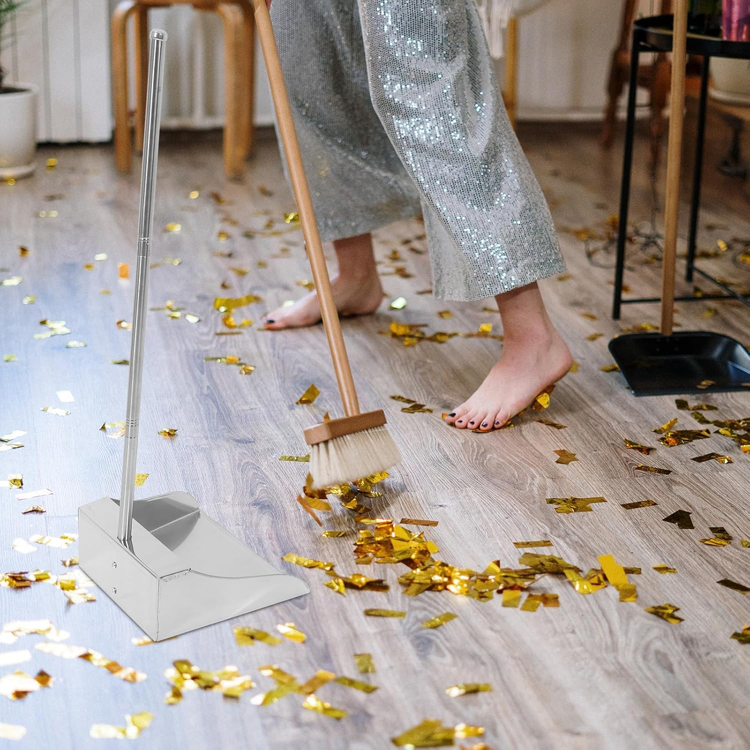 Alipis Stainless Steel Dust Pan, Dustpan Metal Dust Pans Long Handled Heavy Duty Standing Dustpan with Handle Garbage Shovel Trash Shovel Pooper Scooper for Garage Home Yard