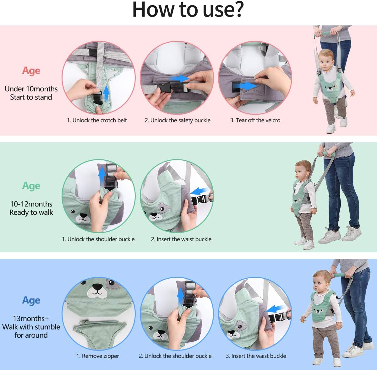 Baby Walking Harness Adjustable Detachable Baby Walker Assistant Protective Belt for Kids Infant Toddlers (Yellow) - Brown Bear image number 6