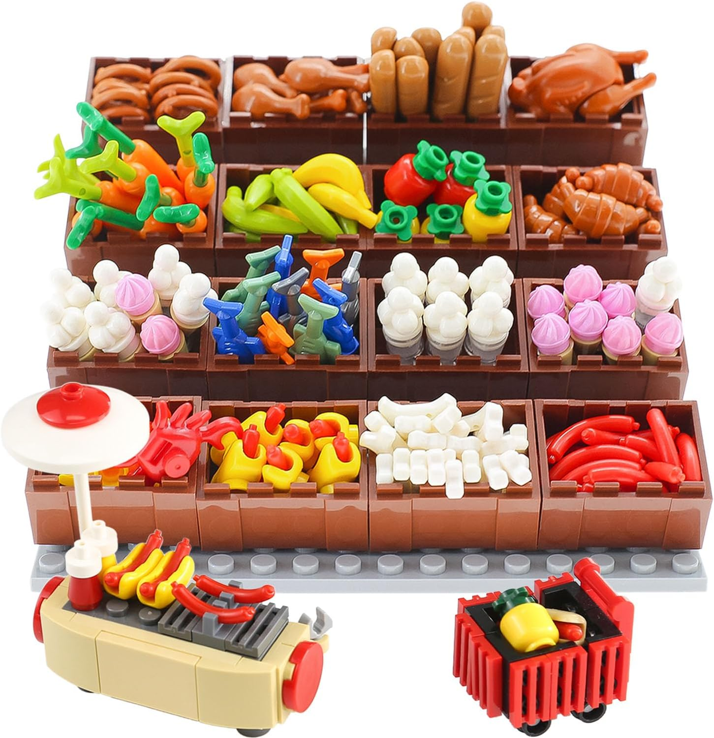 190Pcs City-Supermarket-Kitchen Bricks Compatible with Major Brands Fruits-Apple Ice-Cream-Sundae-Capcake-Sweet Cones Turkey-Chicken-Hotdog-Shopping-Trolley Diy-Picnic-Toys for Kids image number 1