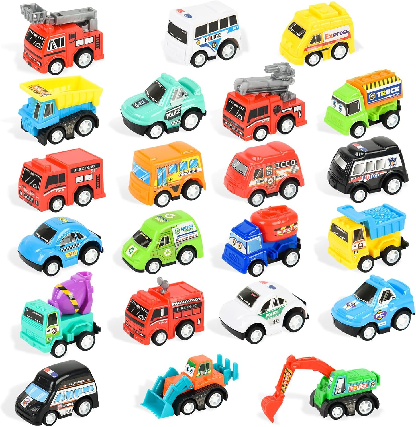 Easter Basket Stuffers 22PCS Mini Pull Back Cars and Trucks Toy Vehicles Set, Assorted Toy Vehicles Party Favors Bulk Small Construction Truck, Police Cars, Fire Trucks for Kids 3-8 image number 4