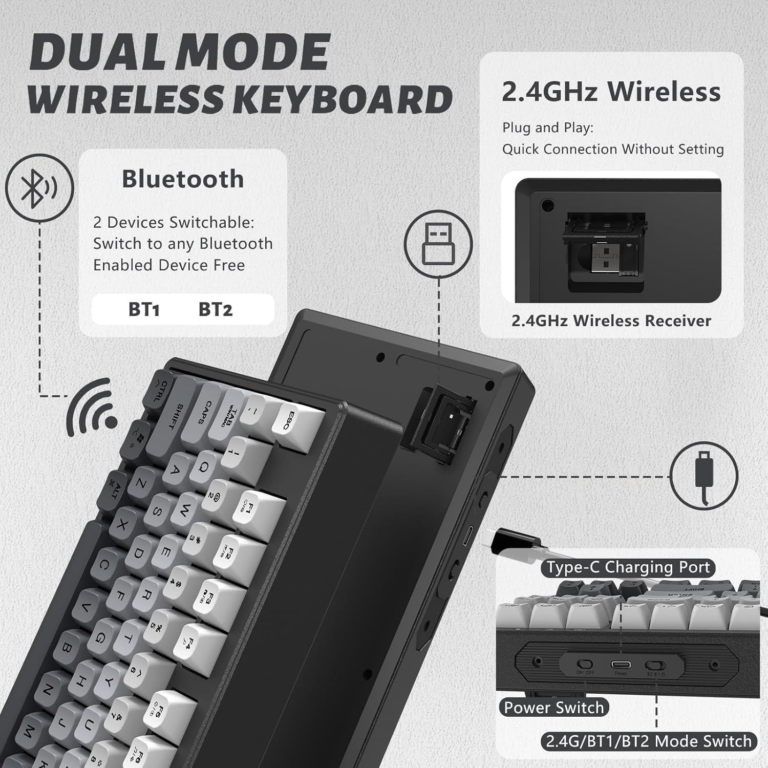 ATTACK SHARK X FREEWOLF M87 80% Wireless Gaming Keyboard, 87 Keys TKL Rainbow Backlit Mechanical Feeling SA PBT Membrane Keyboard Bt/2.4Ghz Connect with 4000Mah Battery for Mac/Win - Black Gradient image number 4