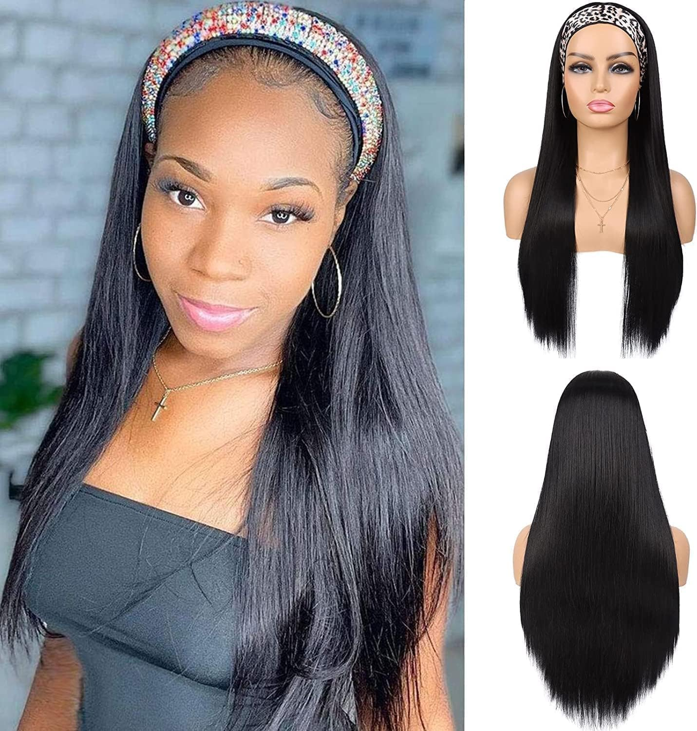 Headband Wig for Women Black Straight Synthetic Headband Wig Glueless Heat Resistant Natutal Looking for Daily Party Use (Black, 26 Inch) image number 3