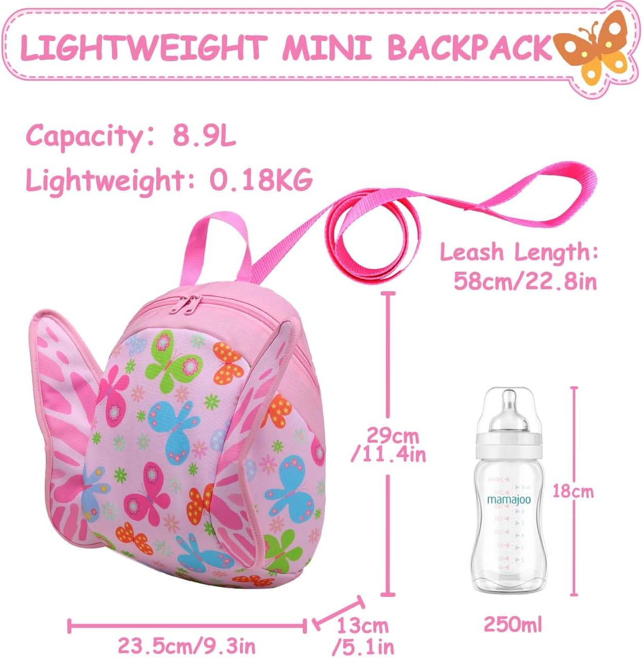 Mini Toddler Backpack with Leash,Vaschy Ultra Lightweight Tiny Little Kids Preschool Backpack Daycare School Bags for Boys,Grils - Butterflies image number 4