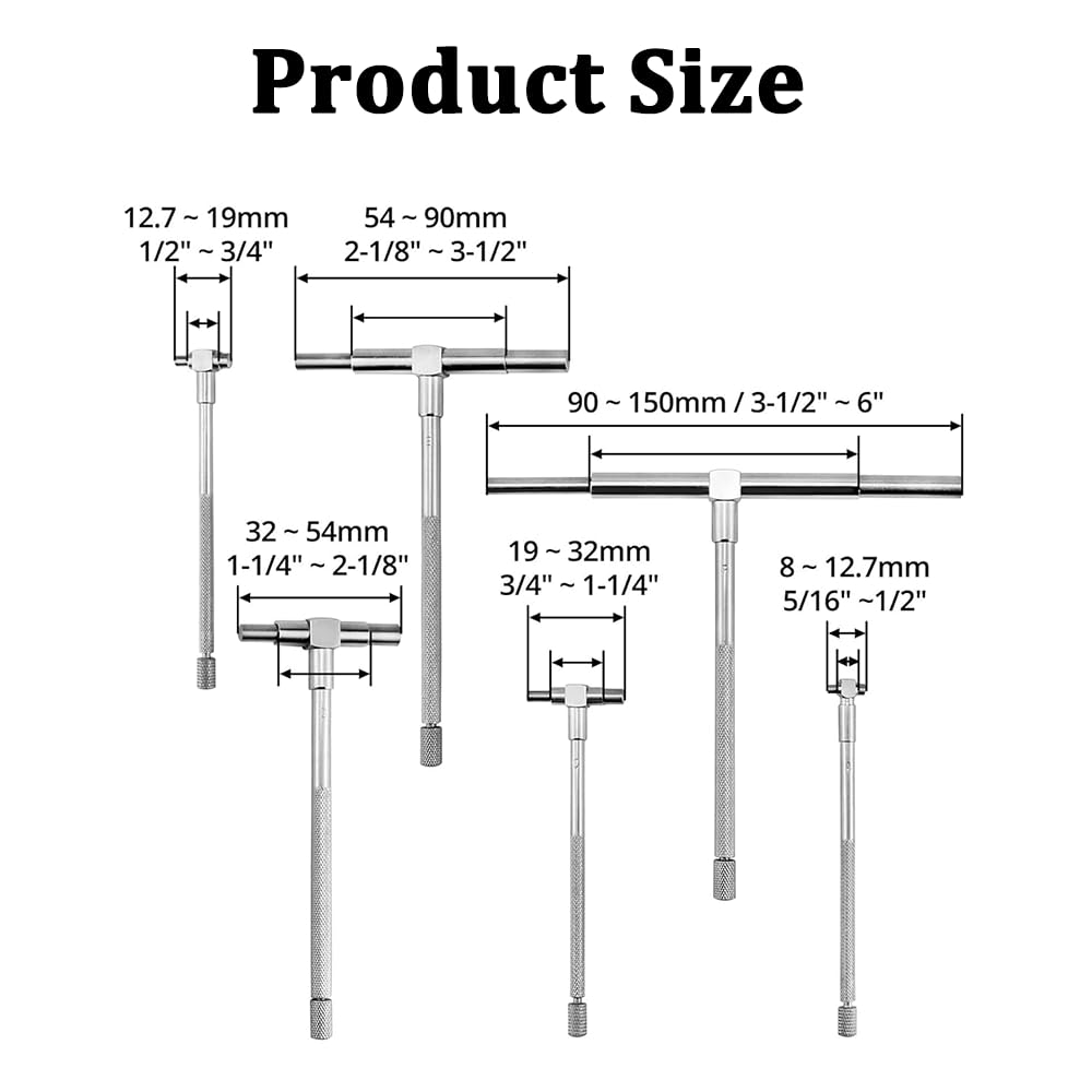6-Piece Telescopic Bore Gauge Set 5/16"-6" with Lock,Precision T-Gauge Hole Measurement Kit,Automotive & Mechanic Tools image number 2