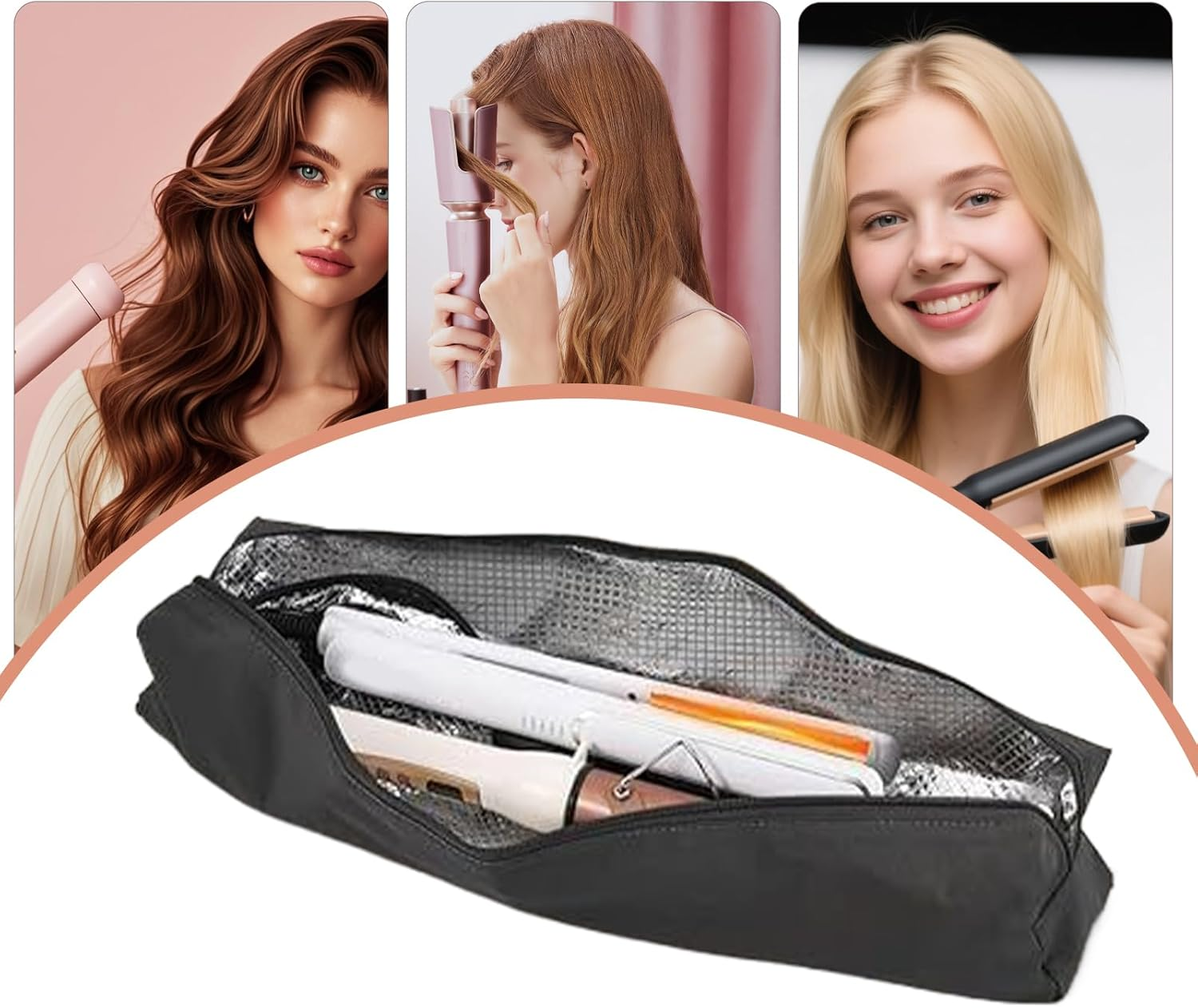 Heat Resistant Curling Iron Bag - Hair Styling Tools Organizer | Portable Storage for Curling Irons, Brushes Cosmetics, Gym Travel, Luggage Drawer & Home Dresser 3.15X3.35X17.72In image number 3