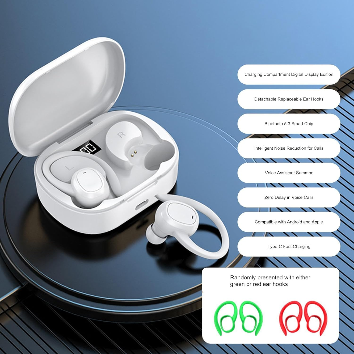 Bluetooth Headphones Ear Hooks Stereo V5.3 Earbuds for Sports Working Gaming White image number 2