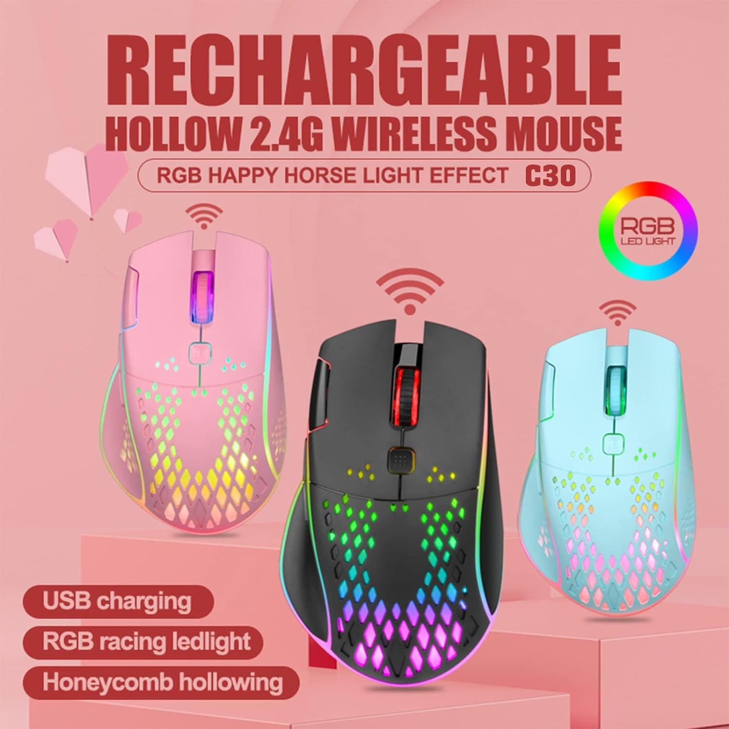 VEGCOO Gaming Mouse, Wireless Mouse Rechargeable Honeycomb Wireless Gaming Mouse with RGB Light/Usb Receiver/Usb Cable/Adjustable DPI, Optical Gaming Mice Mouse for Laptop PC Computer(Pink) image number 3