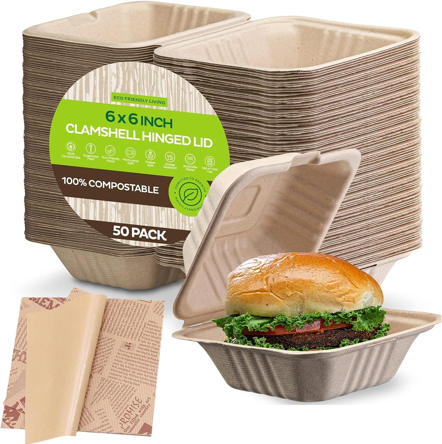 Clamshell Take Out Food Containers with Oil Paper, 6X6" 50-Pack Heavy-Duty Quality to Go Containers, Natural Disposable Bagasse, Eco-Friendly Biodegradable Made of Sugar Cane Fibers image number 4