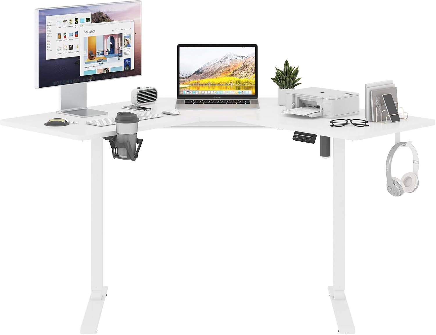 Ufurniture L-Shaped Corner Standing Desk,Electric Height Adjustable Stand up Table with 2 Memory Preset Options, Motorised Computer Office Sturdy Workstation with Splice Board,120X 50Cm White