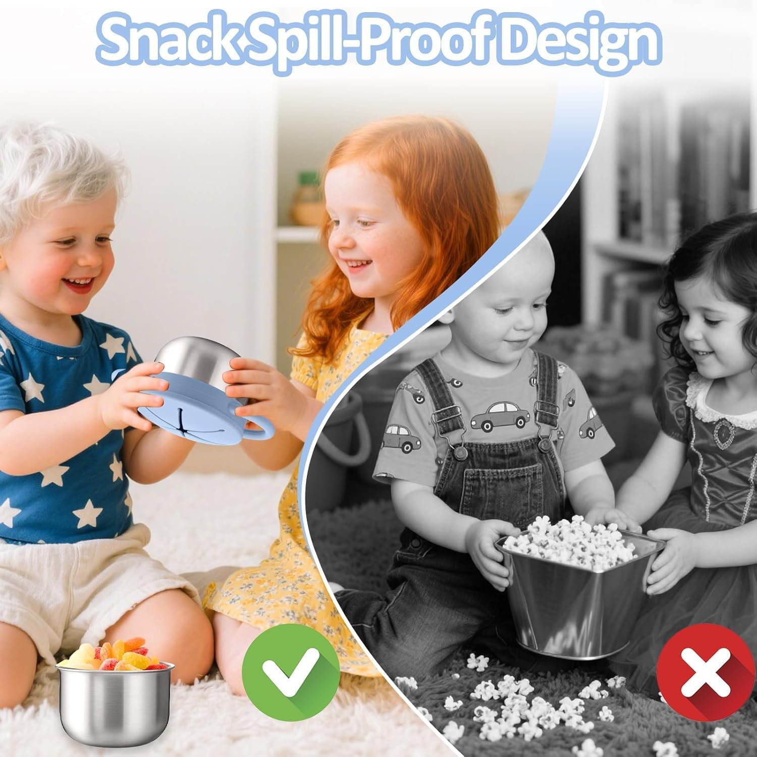 2-Pack Stainless Steel Snack Containers for Baby Toddlers with Spill-Proof Silicone Lids & Handles - 3-In-1 Baby Snack Cups, No-Spill Baby Snack Box Perfect for On-The-Go, Dishwasher Safe, Food Grade