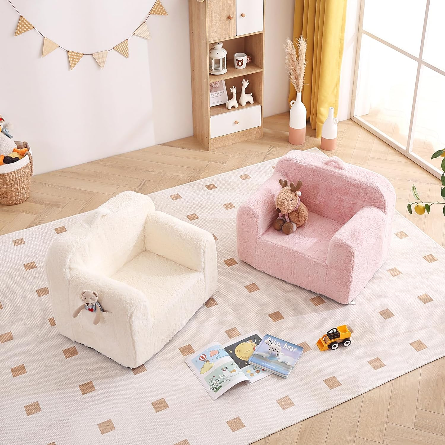 TIITA Kids Sofa, Chirldren Couch with Carrying Handle & Side Pockets, Kids Foam Chair, Toddler Armrest Chair, Lightweight Children Sofa Chair, Baby Read Sofa for Girl or Boy (Beige) - Beige image number 5