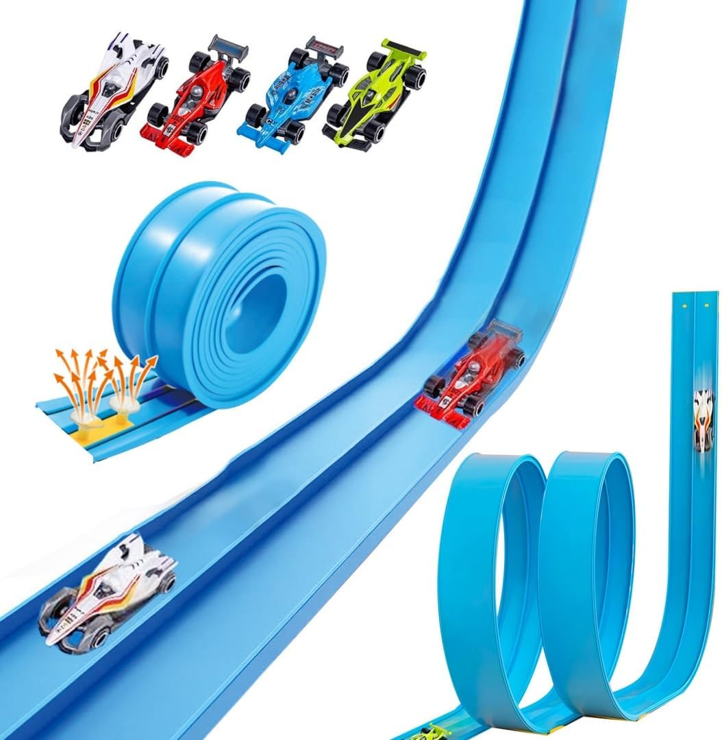 390CM Flexible Race Track Toys for Kids, Flex Race Car Set with 4 Toy Cars, with Suction Cups Compatible with Hot Wheels and Diecast 1/64Th Cars, Classic Long Rolls up Portable Racetrack, Blue image number 6