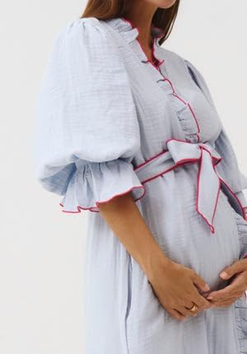 NOTHING FITS but Muslin Gauze Maternity Robe for Hospital, Nursing Nightgown Puffed Sleeves Modal & Cotton Delivery Gown image number 1