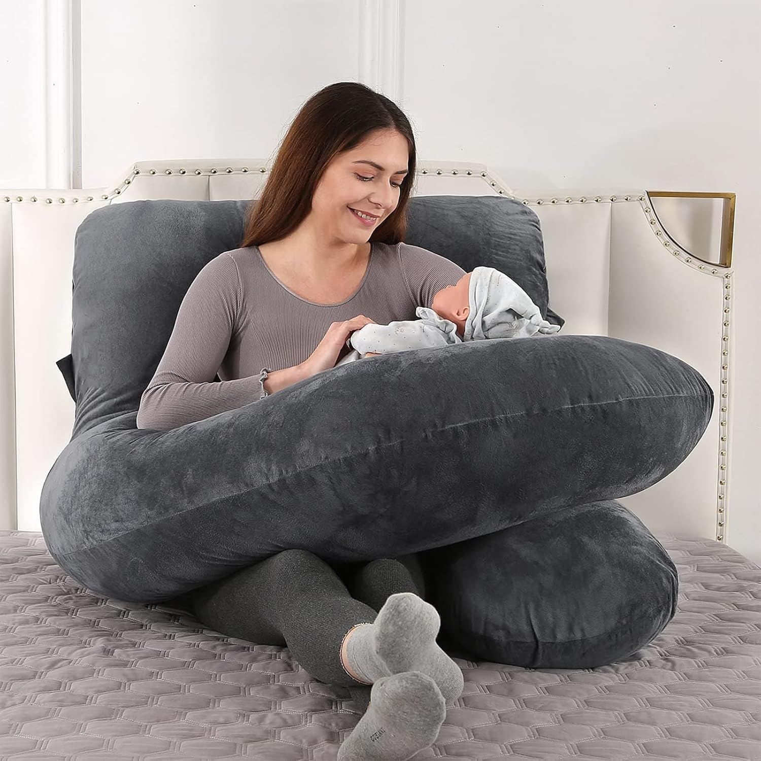 Pregnancy Pillows, 180Cm Long Maternity Pillows, U-Shape Full Body Pillow, Cooling Cover Blue&Grey, Pregnancy Pillows for Sleeping, Body Pillows, Maternity Pillow - Black image number 6
