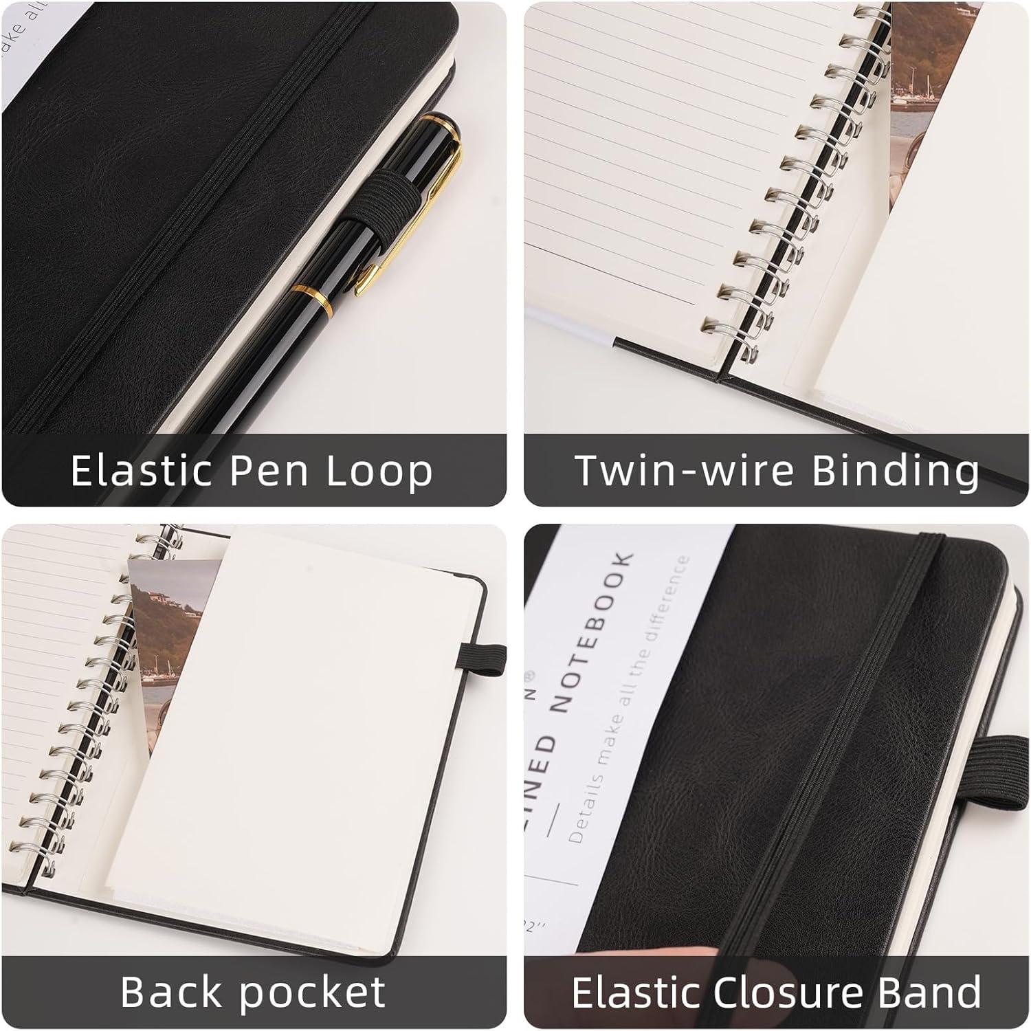 Lined Spiral Notebook Journal for Women Men 160 Pages A5 College Ruled Hardcover Leather with Pen Holder Notebook Journals for Note Taking Work (Black) - Black image number 5