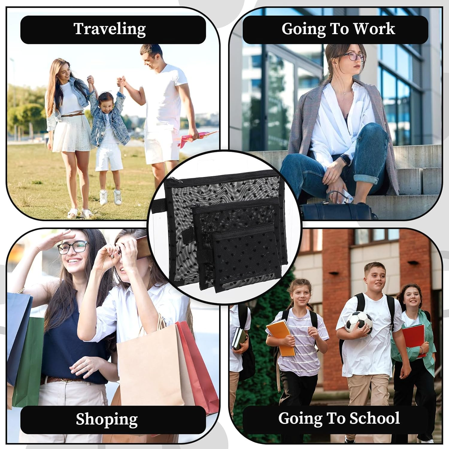 Classicseali 3Pcs Mesh Makeup Bag with Zipper, 3 Sizes of Heart Print Pouches for Purse, Purse Bags for Organization, Black Nylon Mesh Cosmetic Bags for Travel and Home Storage