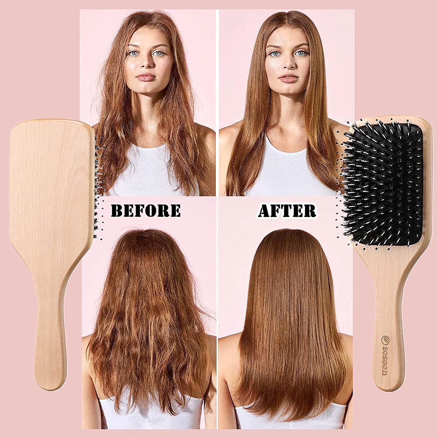 Hair Brush, Sosoon Boar Bristle Paddle Hairbrush for Long Short Thick Thin Curly Straight Wavy Dry Hair for Men Women Kids, No More Tangle, Giftbox & Tail Comb Included image number 4