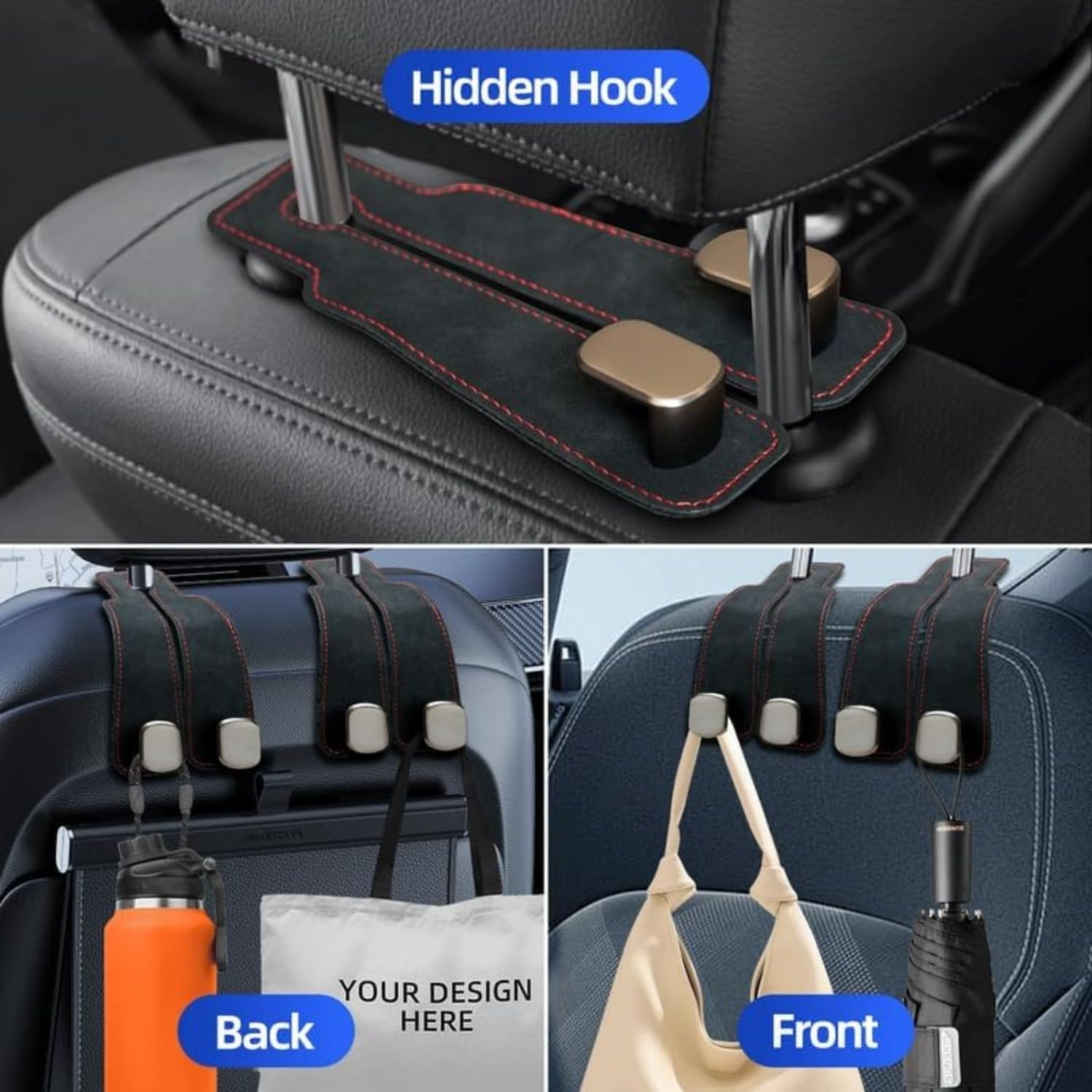 Usinynia 4 Pack Car Hooks for Headrest Double Car Seat Headrest Hooks Car Seat Back Storage Hook for Purses and Bags Leather Purse Hook for Car (Black) - Grey image number 2
