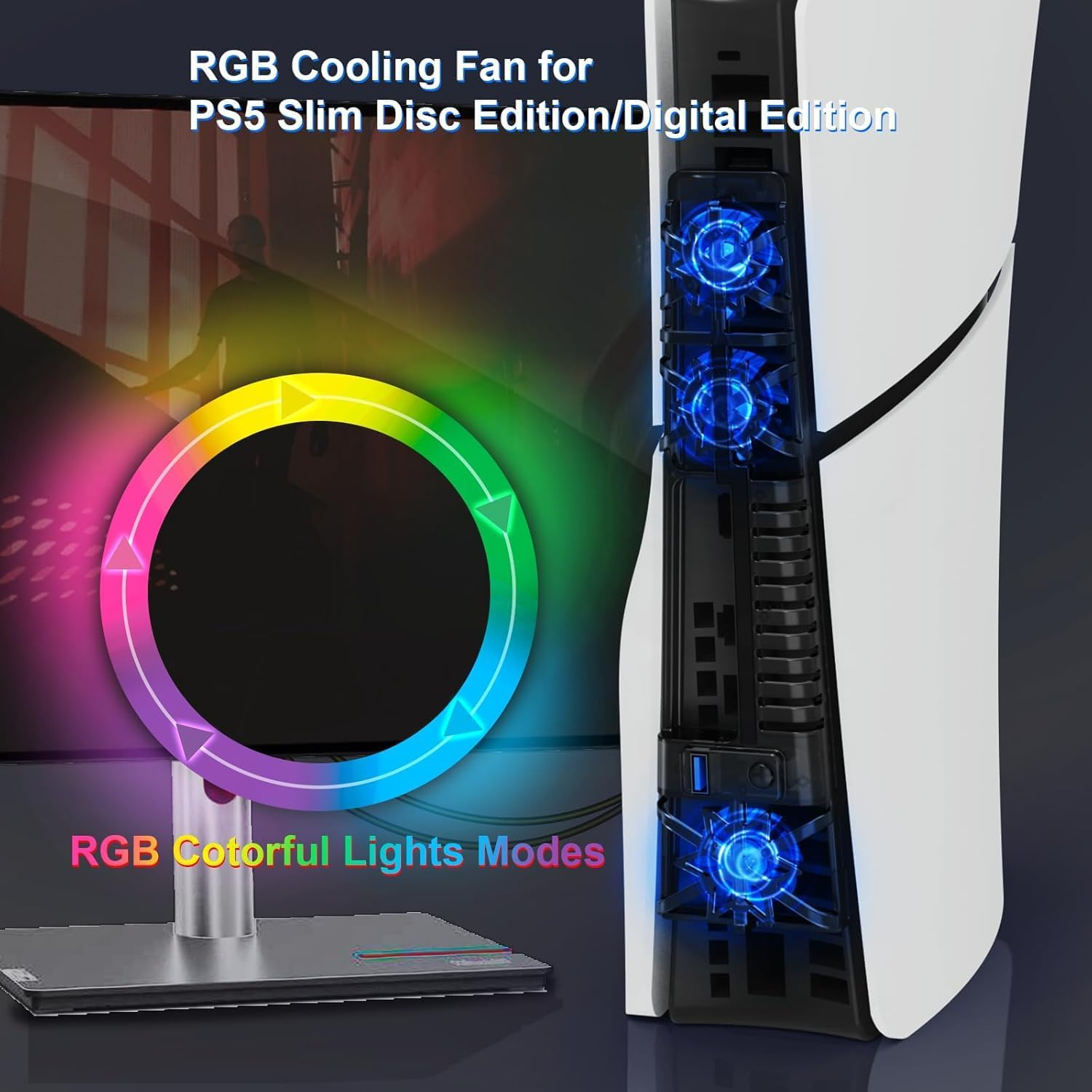 Cooling Fan for PS5 Slim Console, Cooling Fan Cooler with RGB LED Light, 2 Fan Speeds,3 Small Fans,Usb 3.0 Port Compatible with Playstation 5 Slim (For PS5 Slim)