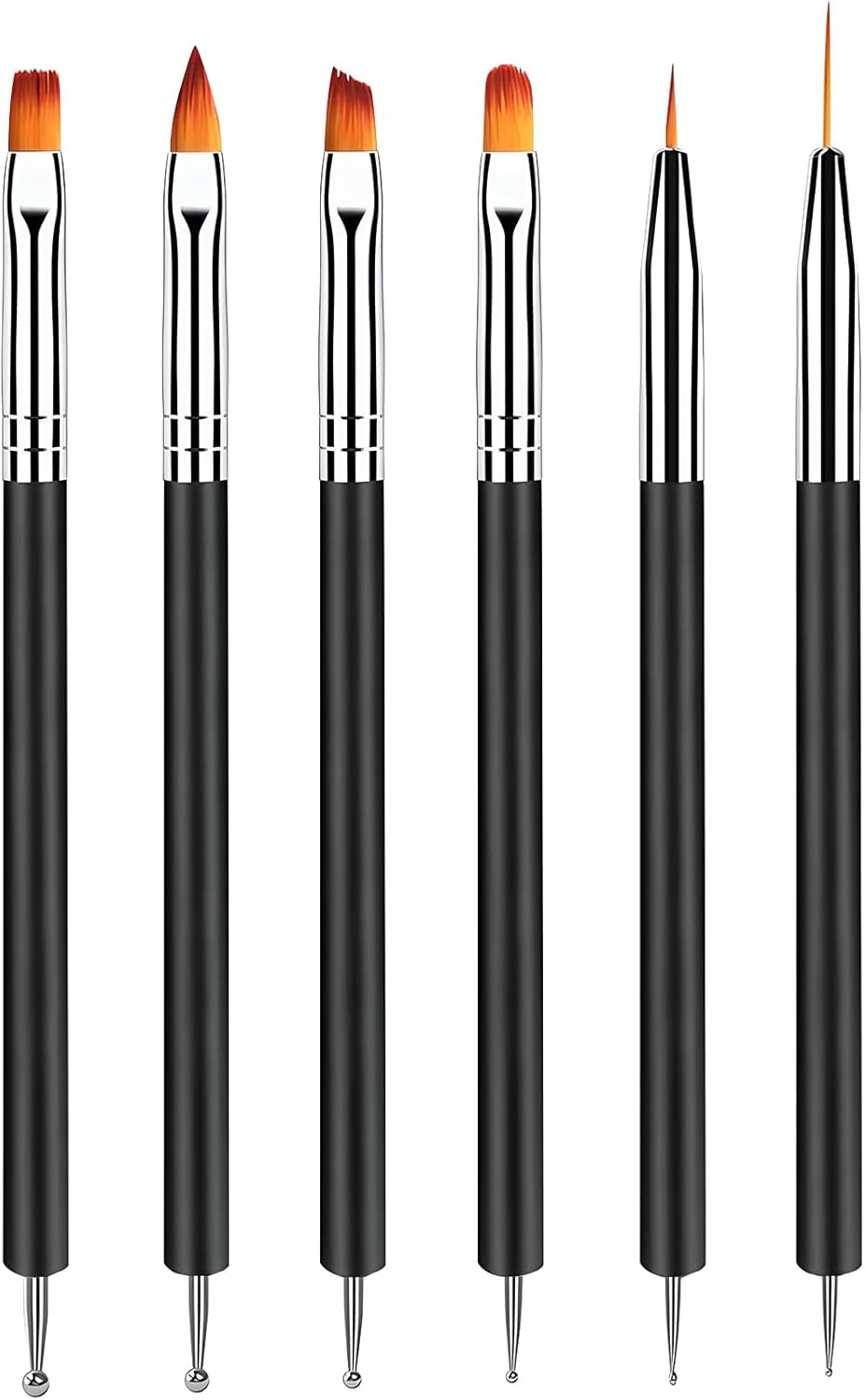 6 Pcs Nail Art Brush Set,Double Ended Fine Nail Liner Brush Dotting Pen Painting Tools with Nail Extension Gel Brush, Builder Gel Brush, Nail Art Liner Brush, Nail Dotting Pen for DIY Manicure, Black image number 1