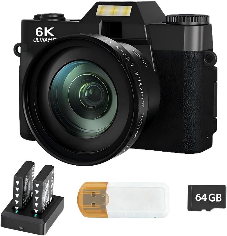 6K 64MP Digital Camera for Photography & Youtube Vlogging, 3" 180&deg; Flip Screen, 16X Zoom Autofocus, Wifi, with Wide-Angle Lens,64Gb TF Card, 2 Batteries, Charger, Reader & Flash image number 1