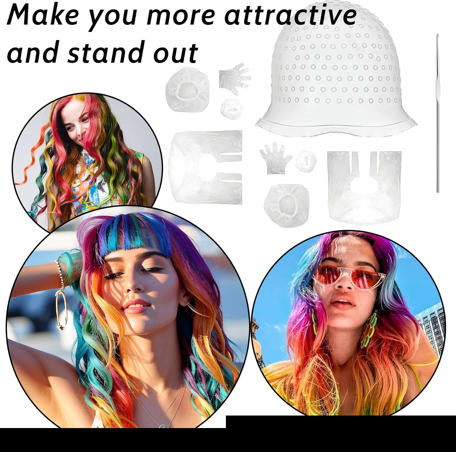 CATOR Pack of 10 Highlighting Caps, Reusable, High Gloss, DIY Colouring, Highlight Cap, Hair Dye Set, Silicone Highlight Cap, with Holes image number 3