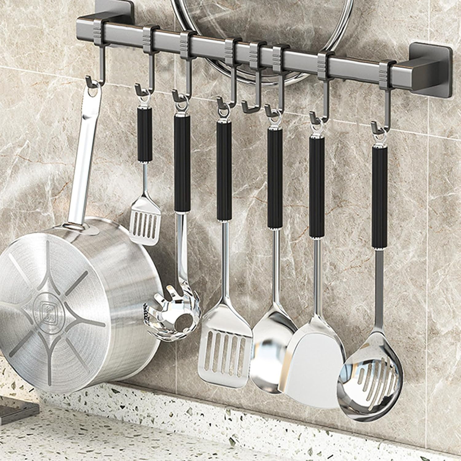 Chmiss Kitchen Hook Rack without Drilling, Hook Rack Kitchen with 8 Movable Hooks, Wall Hooks for Kitchen Utensils for Kitchen, Bathroom, Bedroom