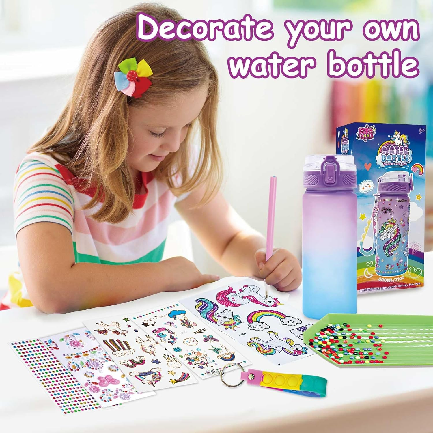 Decorate Your Own Water Bottle Kits for Girls Age 4-12, Unicorn Gem Diamond Painting Crafts, Kids Arts and Crafts Kits Girls Toys Gifts for 4-12 Year Old Girls Birthday Gifts (Unicorn 600Ml) image number 3