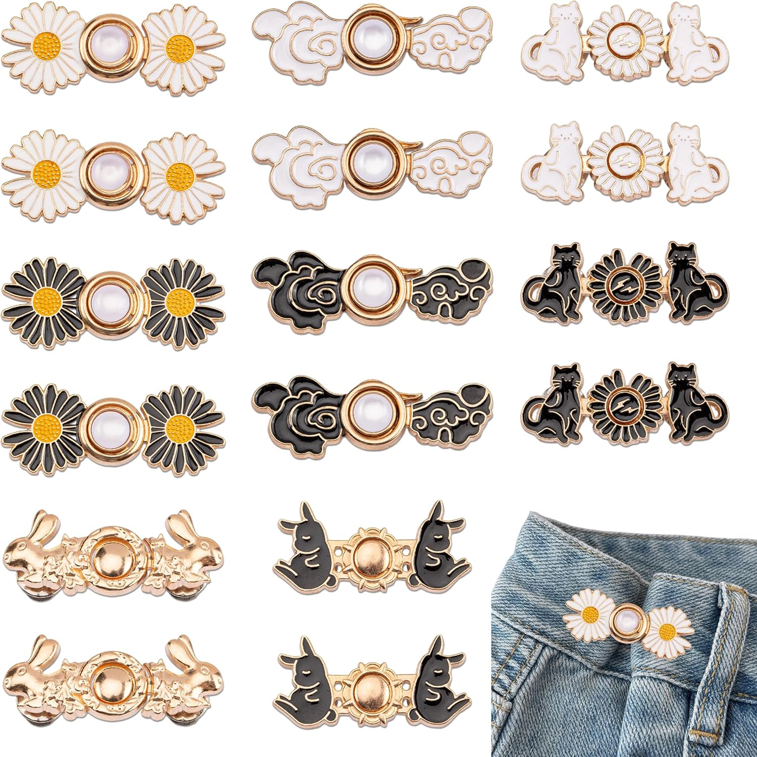 JIEYUMAO Pant Waist Tightener, 16 Sets Adjustable Waist Buckle Extender Set, 8 Styles Reusable Flower Jeans Button, No Tool No Sewing Required Pants Clips for Jeans Skirts image number 2