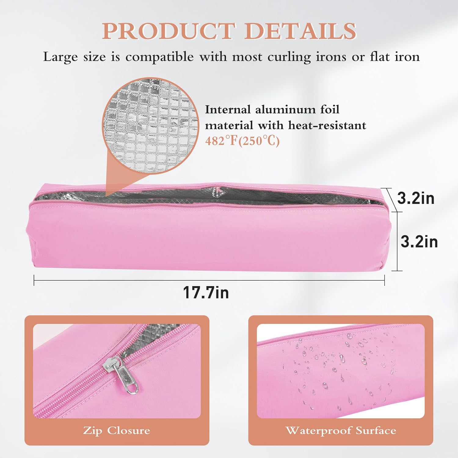 Suafrnut Professional Hot Hair Tools Organizer Bag Portable Travel Heat Resistant Storage Case Pouch for Curling Irons, Flat Irons, Hair Straightener and Styling Tools(17.7" X 3.2"X 3.2"), Pink - Pink image number 4