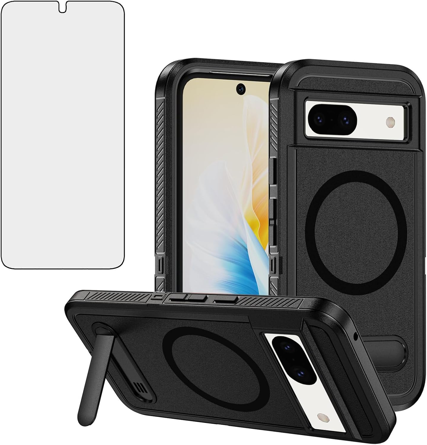 Asuwish Phone Case for Google Pixel 8 5G Compatible with Magsafe Tempered Glass Screen Protector Cell Cover Stand Rugged Shockproof Clear Magnetic Protective Pixel8 Eight Women Men (Black+Black)