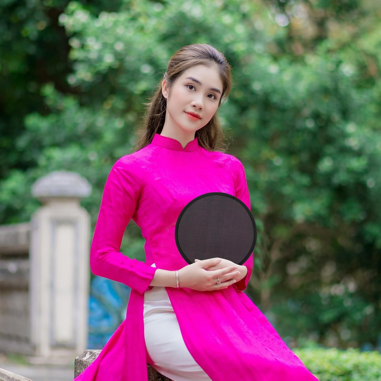 Cabilock 5Pcs Folding Fans, Portable Handheld round Fans, Black 10 Inch, Collapsible for Summer, Party, Wedding, Travel, Office, Plastic and Fabric Material - White image number 4