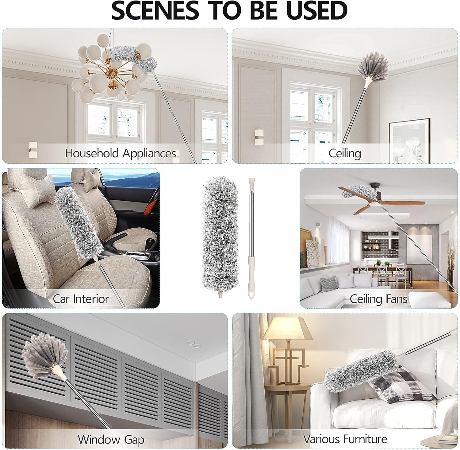 Microfiber Duster, Necomi&reg; with Extension Pole(Stainless Steel) 30 to 100 Inches, Reusable Bendable Dusters, Washable Lightweight Dusters for Cleaning Ceiling Fan (3PCS)