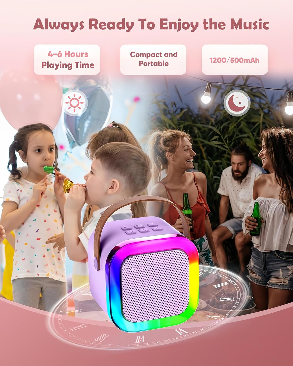 Mini Karaoke Machine Speaker for Kids Adults, Toys for Girls Boys Friends Age 3-12+, Birthday Gifts Portable Bluetooth Speaker with 2 Wireless Mics for 5 6 7 8 9 10 11 Years Teens Girl Boys (Purple) image number 5