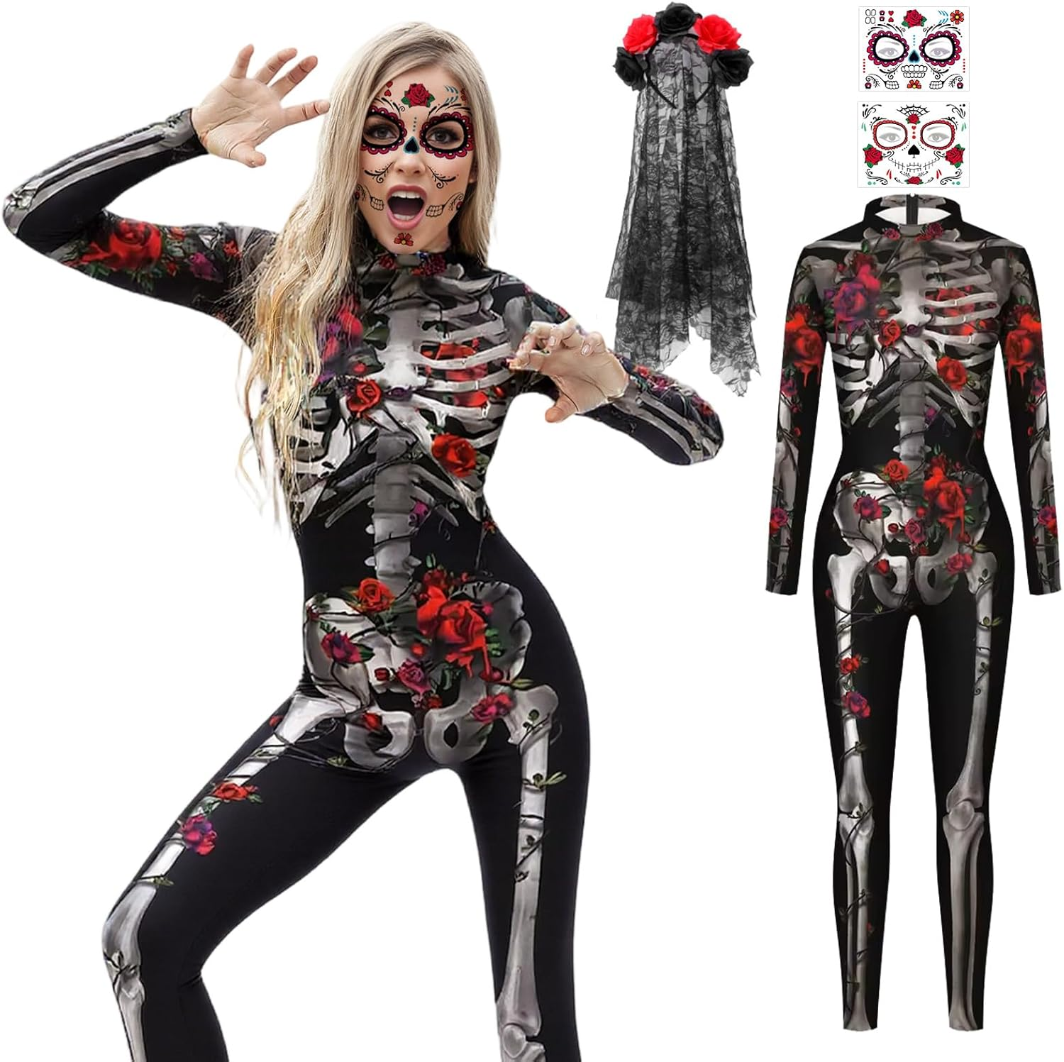 Halloween Skeleton Jumpsuit, Rose Flower Skeleton Jumpsuit image number 6