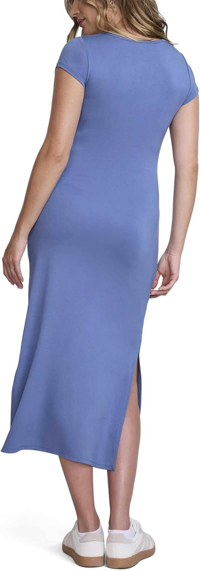 Motherhood Maternity Women'S Short Sleeve Crew Neck Side Tie Detail Midi Casual Pregnancy Dress image number 6