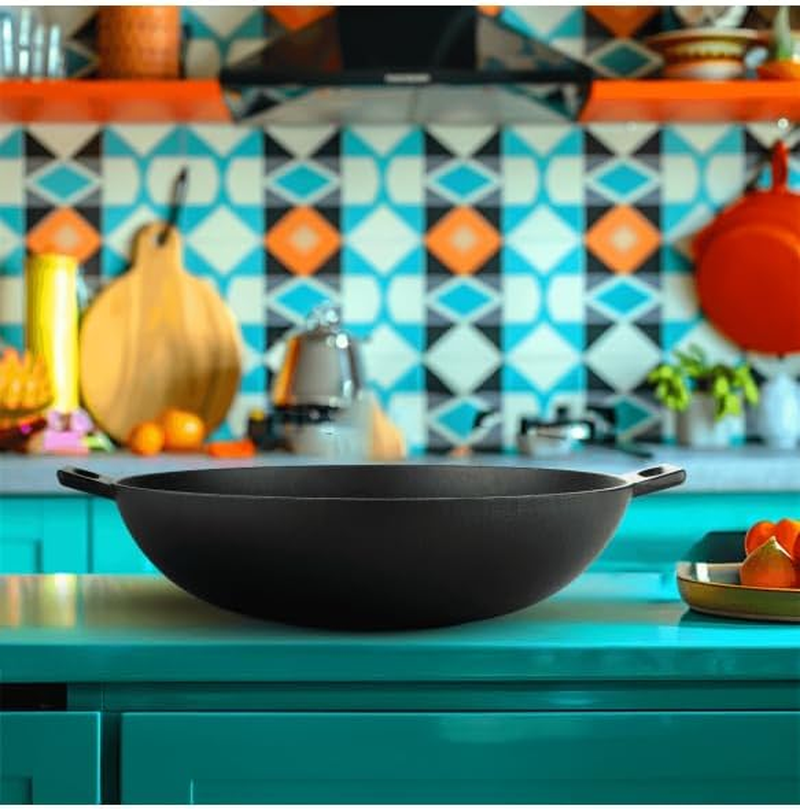 Roca High Grade Cast Iron Wok | Kadhai | Pot for Family Cooking 30Cm, Black