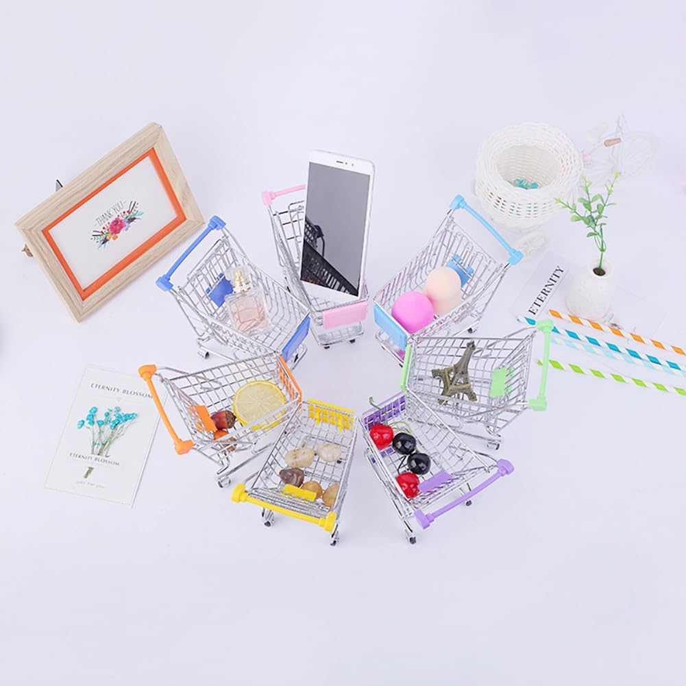 2 PCS Mini Shopping Cart, Trolley, Grocery Basket for Desktop Decor, Make up Holder Rack Storage (Yellow+Pink) image number 5