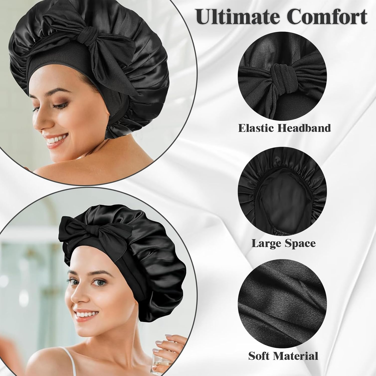 Waytiffer 2PCS Satin Silk Bonnet for Sleeping Jumbo Satin Bonnet, Silk Hair Bonnets Night Sleep Cap for Large Satins Shower Cap for Women （Black&Pink） image number 5