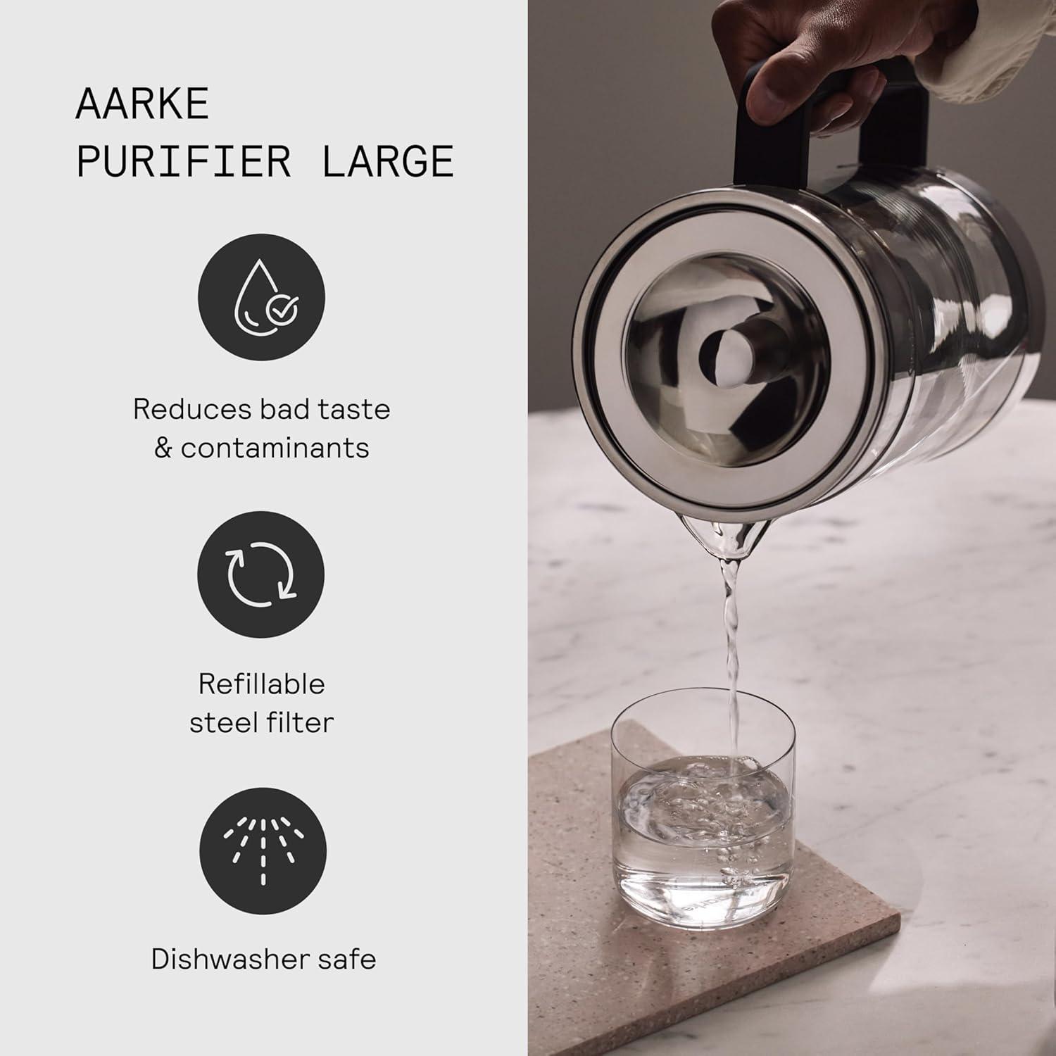 Aarke Purifier Large, Water Filter Jug in Glass and Stainless Steel, 2.8L / 12 Cups, Includes Aarke Pure Filter Refill Bag image number 3