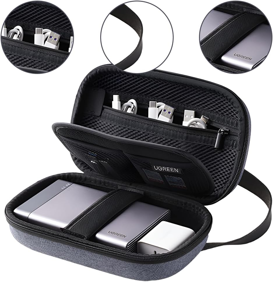 Travel Accessories Bag, Portable Cable Organizer for Electronics, Hard Case Tech Pouch for Cables, Charger, Adapter, Power Bank, Hard Drive - Shockproof & Waterproof, Grey