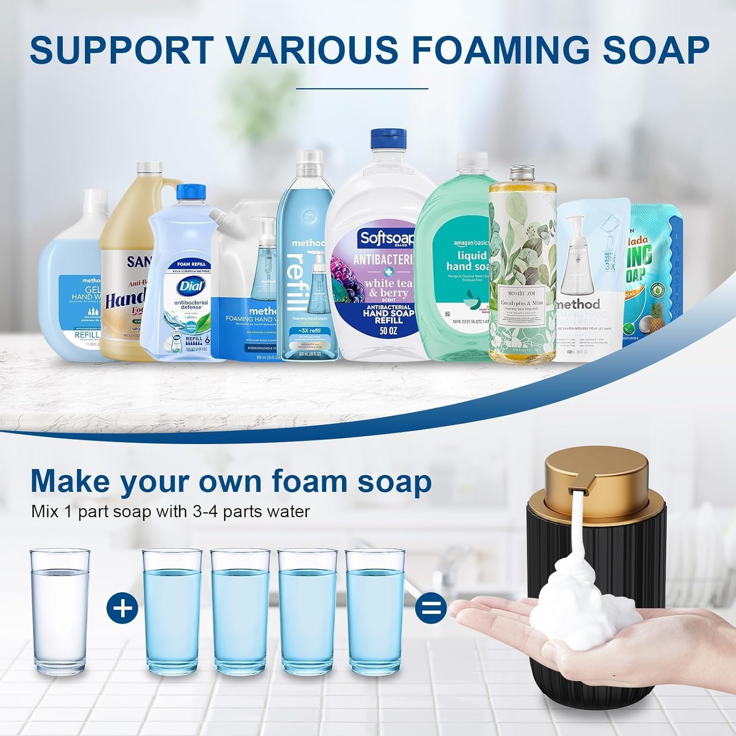 2 Pack Foam Soap Dispenser - 12 Oz Beige Ceramic Foaming Soap Dispenser for Bathroom, Hand Wash Dispenser Bottle with Foaming Pump, Striped Refillable Dish Soap Dispenser for Kitchen(Black) image number 4