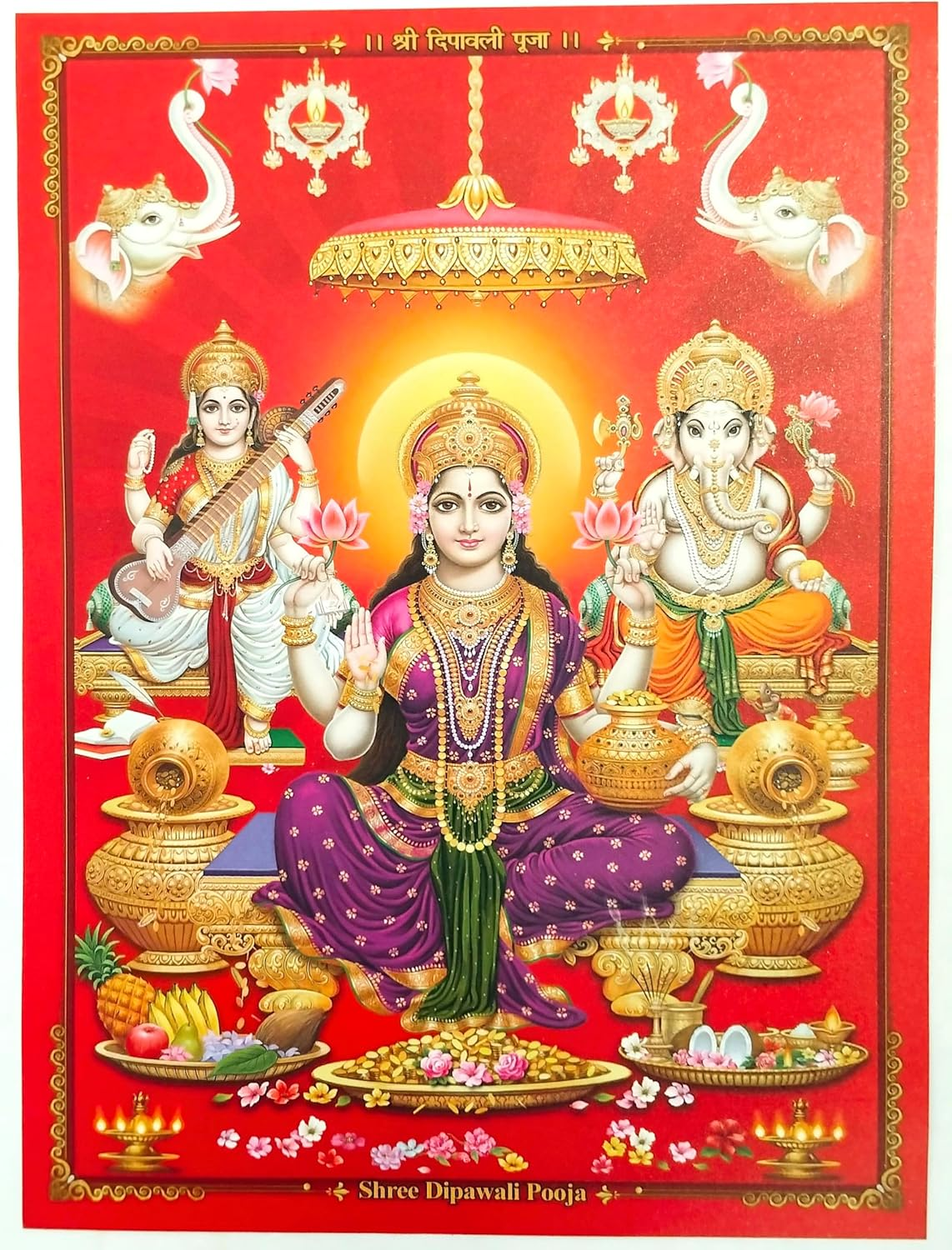 Laxmi Ganesh Luxmi Ganesh Sarasvati Shiv Ashatmi Photo Poster - Multicolor | Durga Maa, Laxmi, Saraswati, Nine Deviya Navdurga | Diwali & Dhanteras Special | Size 16X12 Inch