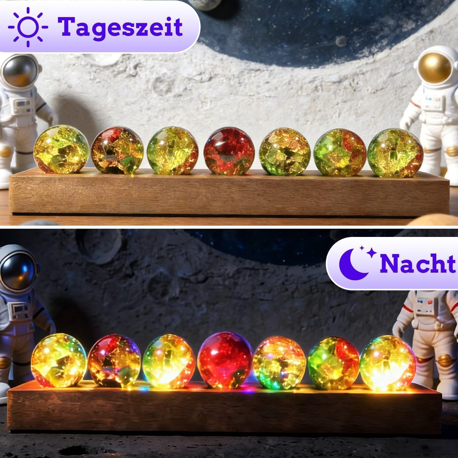 3D Crystal Ball Night Light, LED Ball, Pack of 7 Colourful Glass Crystal Balls with LED Wooden Base, 40 Mm Glass Ball Planet Lamp, Decorative Colourful Crystal Ball for Night Light, Ornaments image number 1