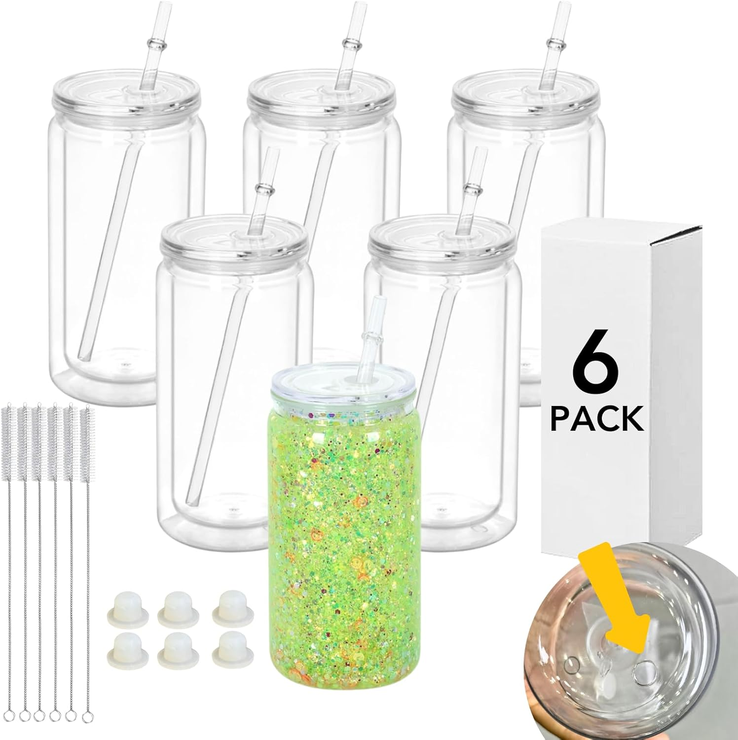 SUBCUB 6 Pack Plastic Snowglobe Tumbler 16Oz Pre-Drilled Double Wall Acrylic Clear Cup, Snow Globe Can Cups DIY with Lid and Straw, Mason Jars Iced Coffee Juice Juice Cups image number 5